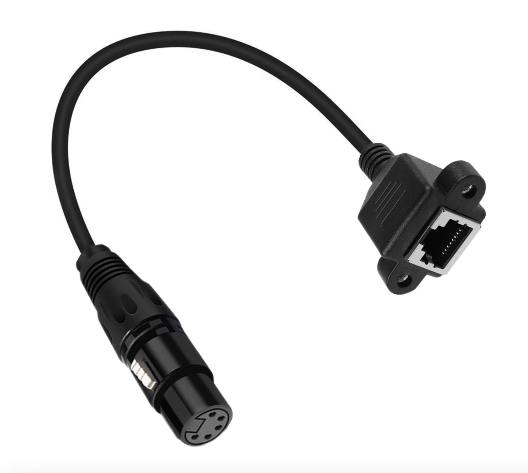 An XLR to RJ45 DMX Ethernet adapter with an XLR 5 pin male connector on one end and an RJ45 female connector on the other, both in black color.