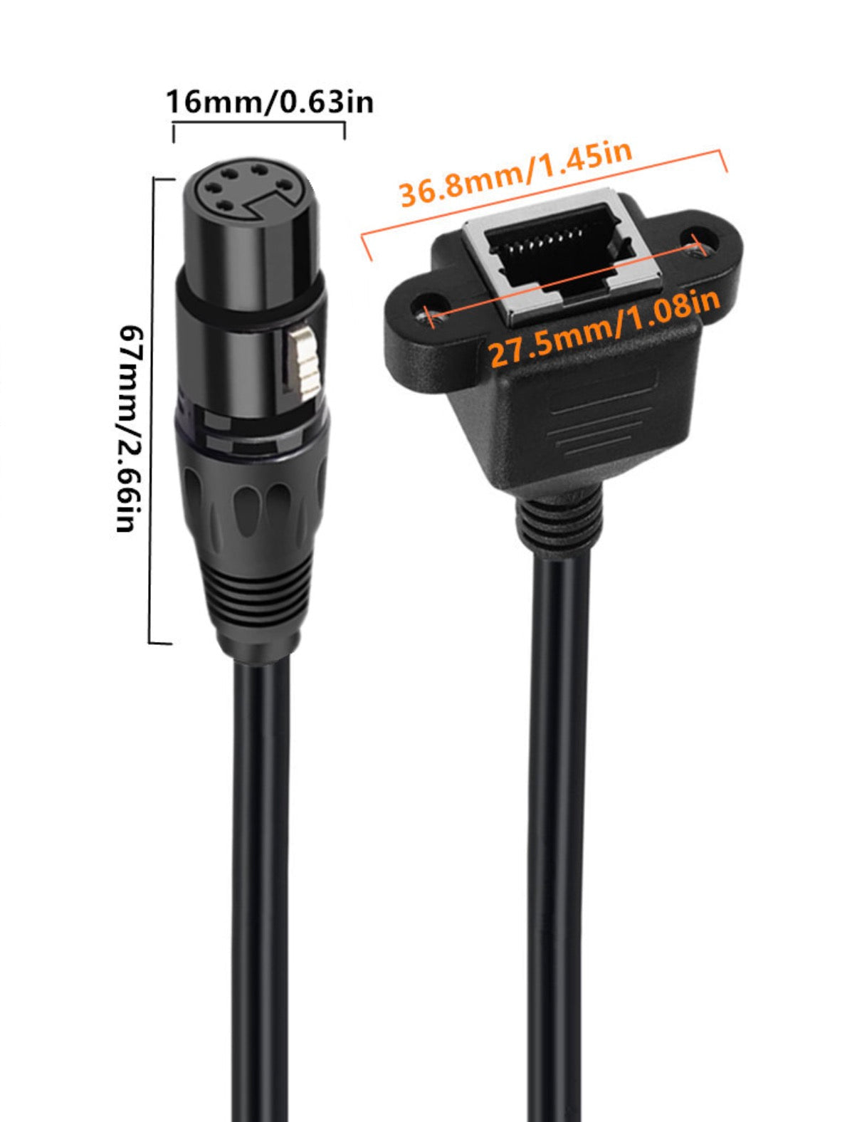 Black connectors with measurements on a white background