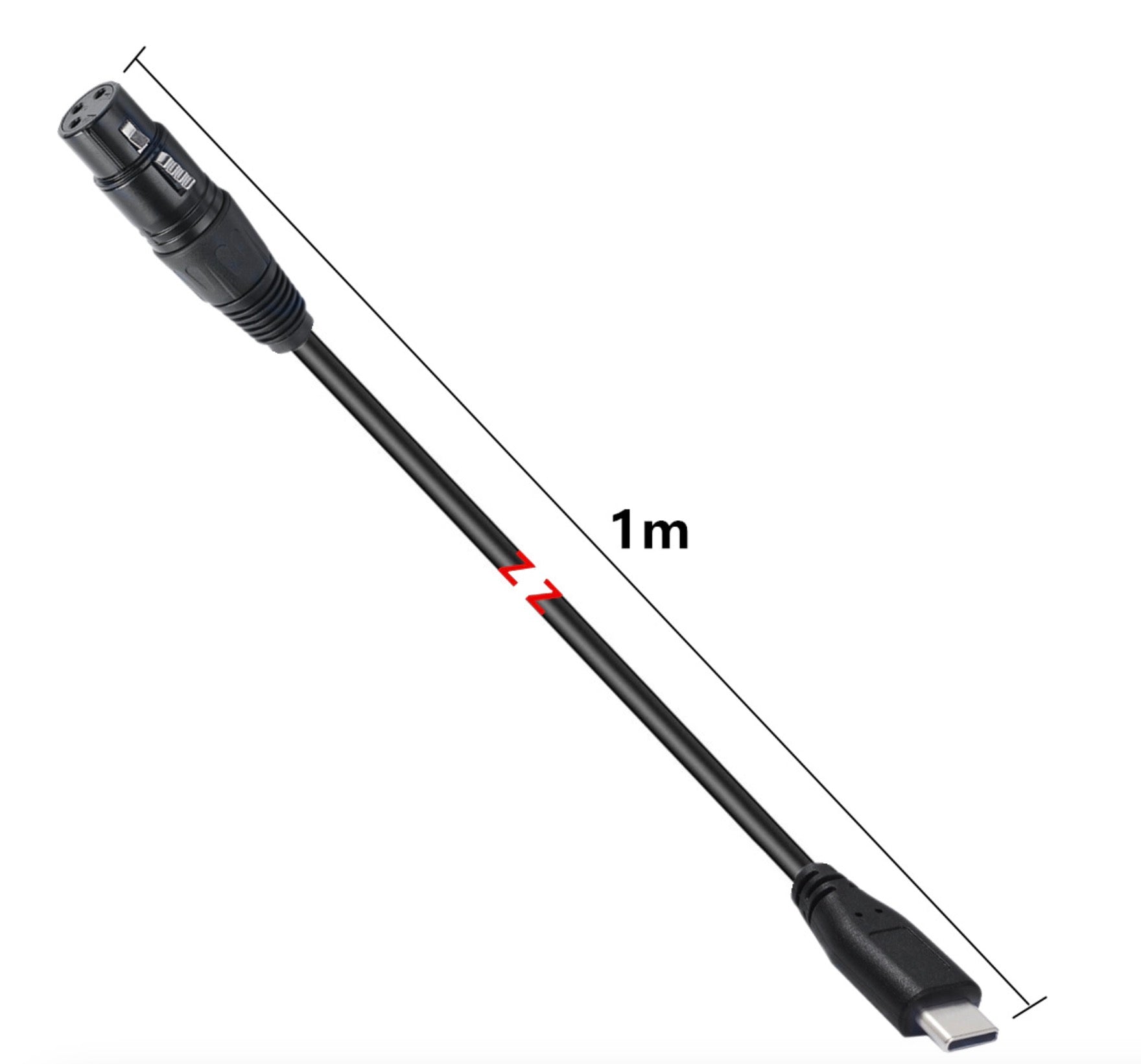 Black audio cable with connectors and 1 meter label on a white background