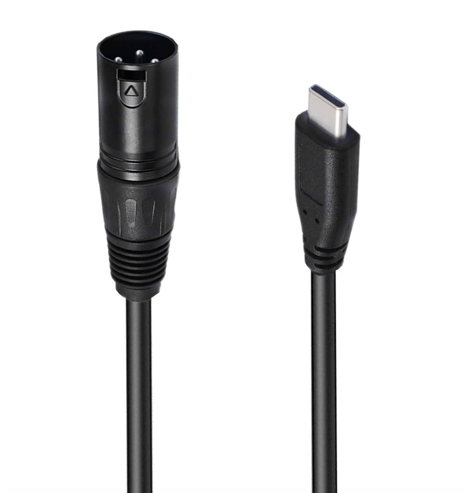 Black cable with one end in XLR connector and the other in Type-C on white background