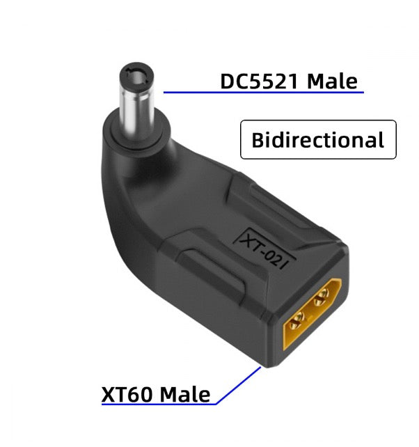 XT60 male to DC 5.5x2.1mm male angled vertical adapter
