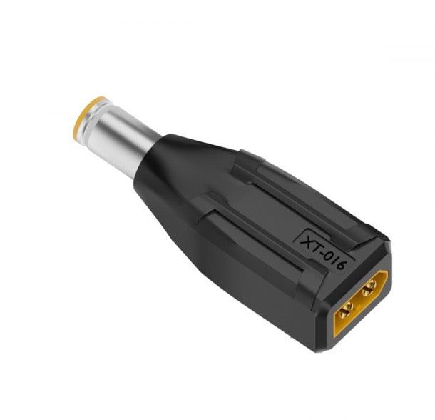 A black XT60 male to DC 7.9x5.4mm male fast DC charging adapter connector.