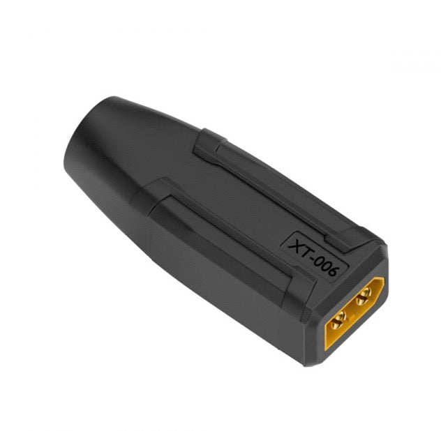 A black XT60 Male SC100 Protocol to DC 7.9x5.4mm Female Fast Charging Adapter with yellow connector pins.