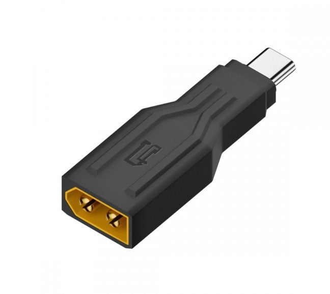 A black USB-C to XT60 input output adapter with a male USB-C connector on one end and a male XT60 connector on the other.