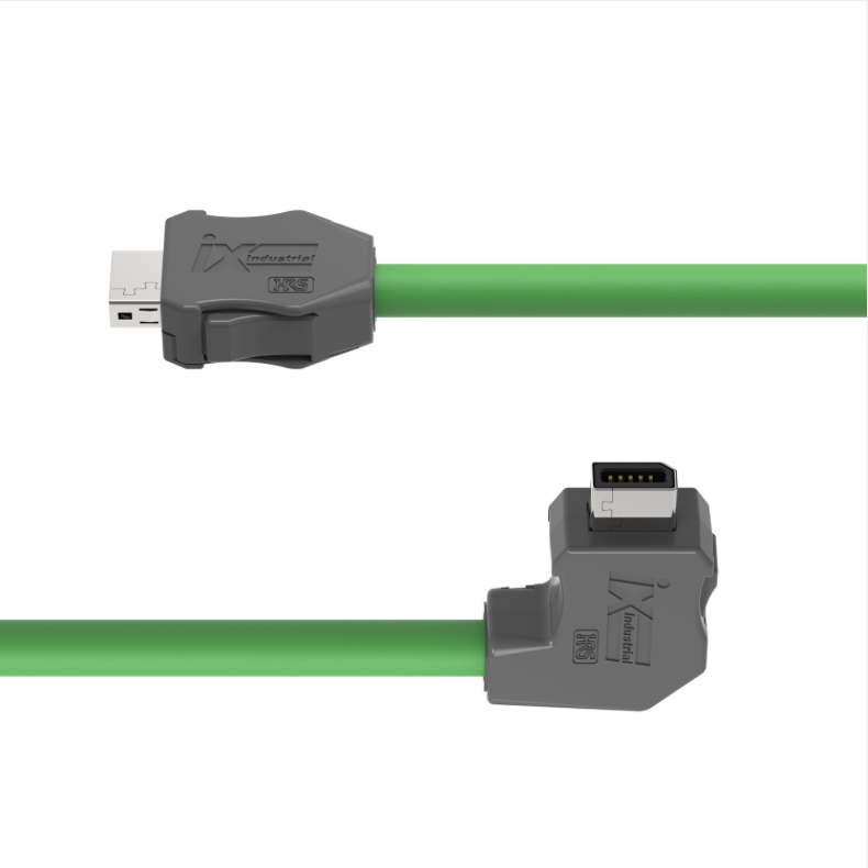 Green USB cable with gray connectors on a white background