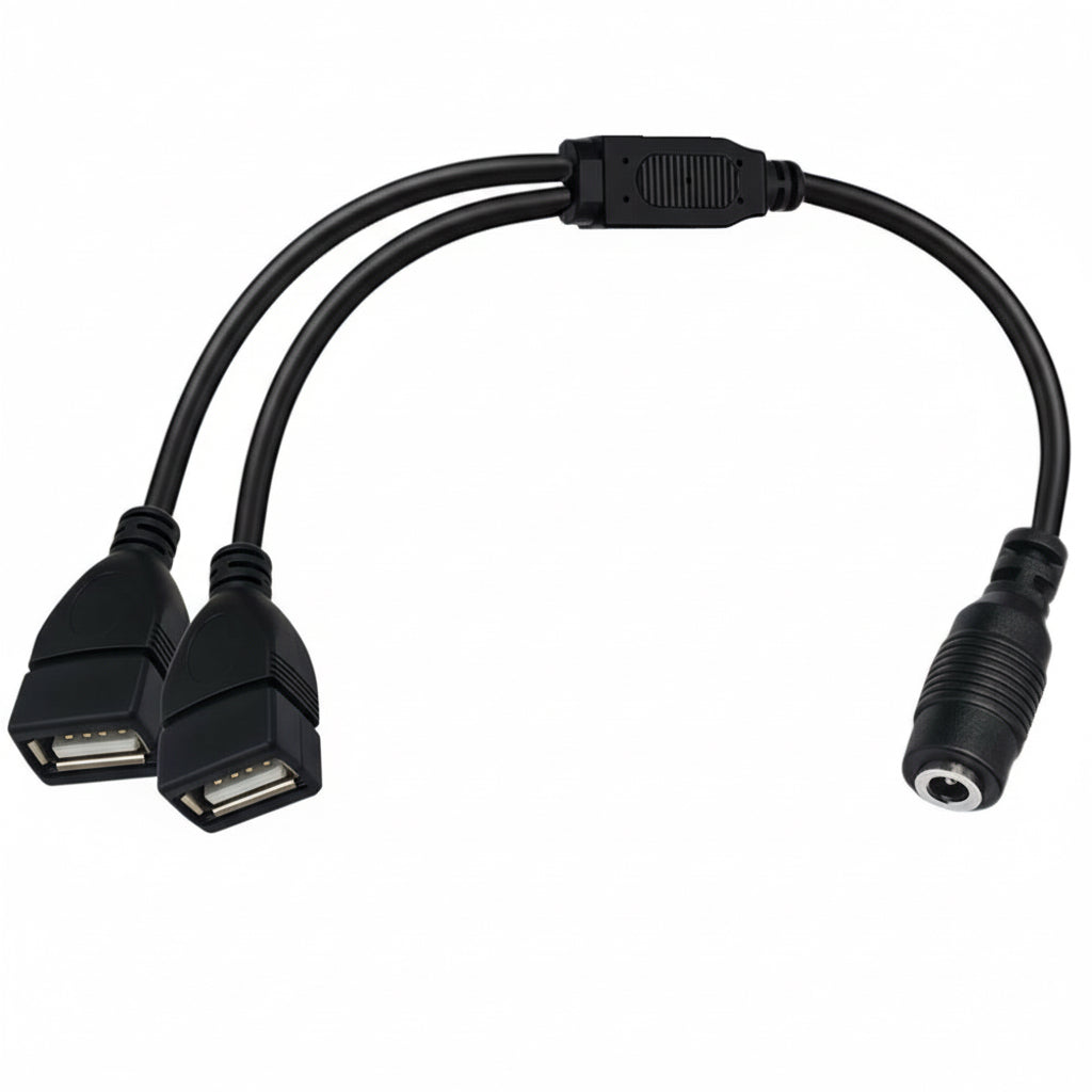Y-split DC female to two USB 2.0 female power adapter cable