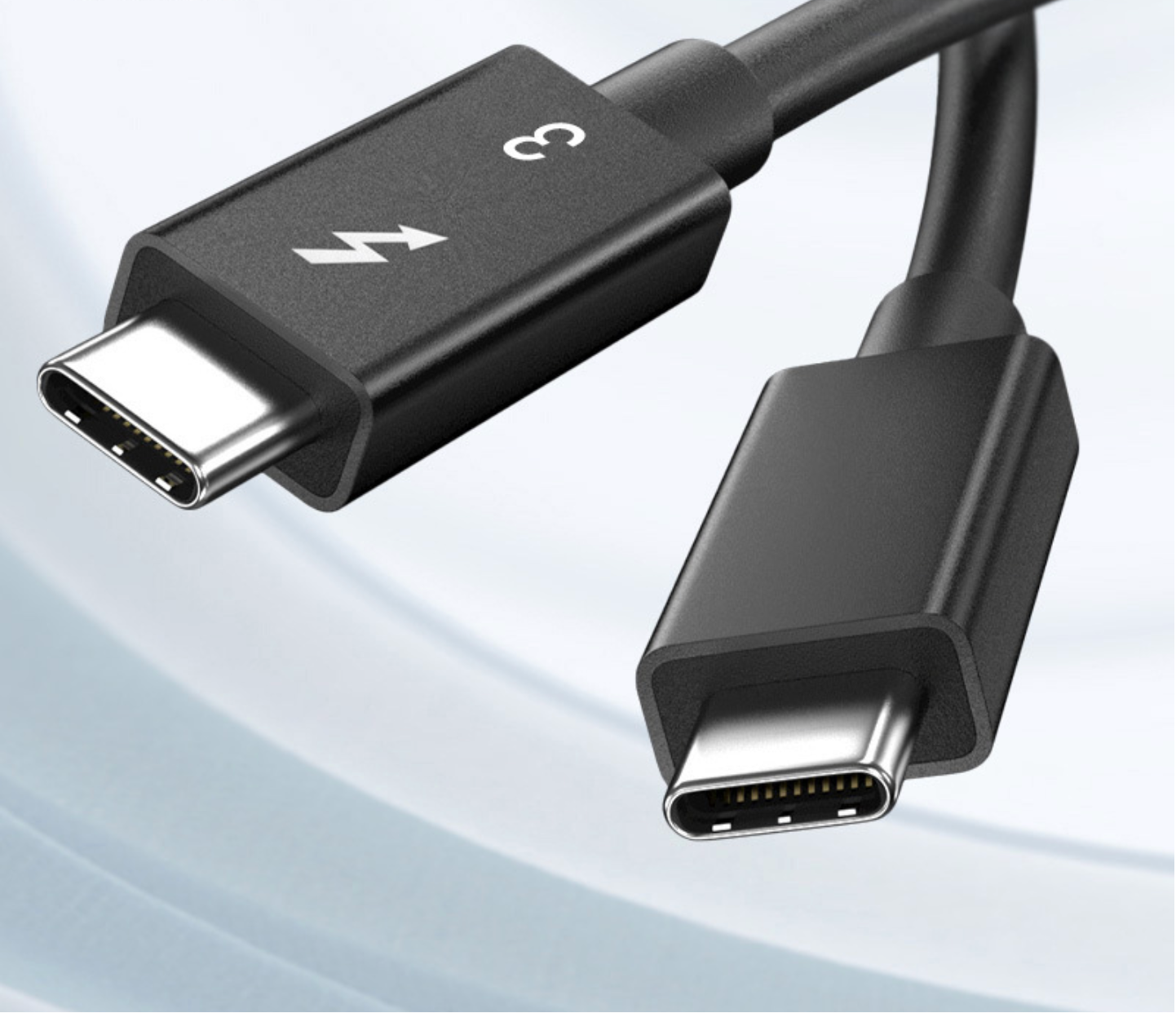 USB-C cable with one end featuring a lightning bolt symbol on a light blue gradient background