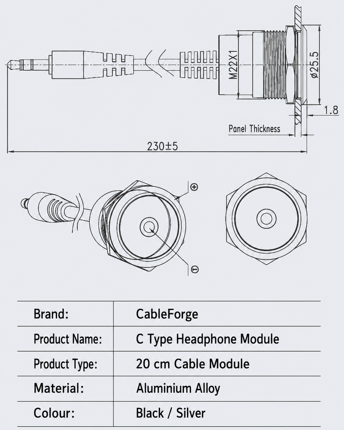 Aluminium alloy audio extension cable for equipment panels