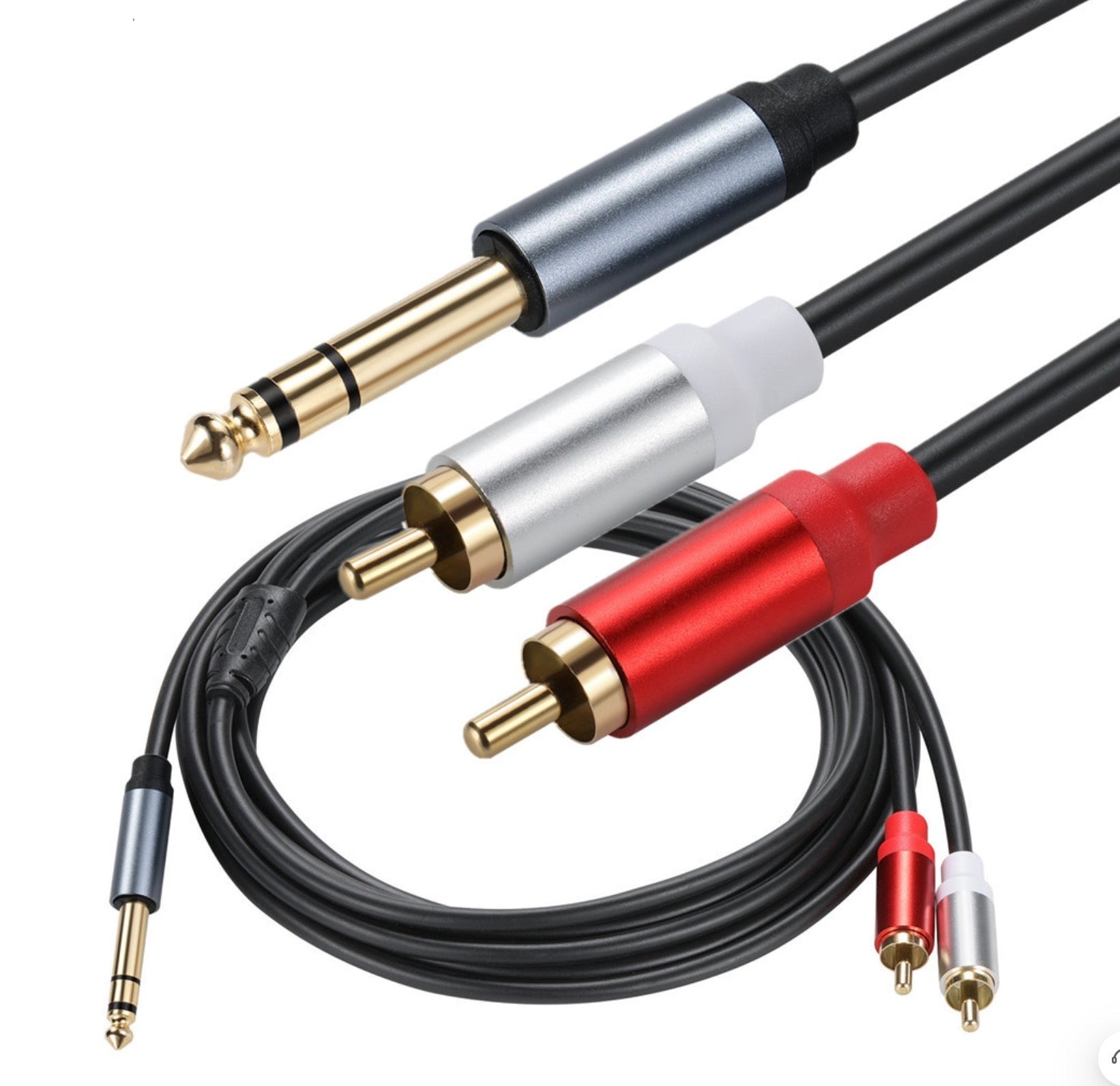 Angled view of 6.35mm male to dual RCA phono male stereo audio Y splitter cable