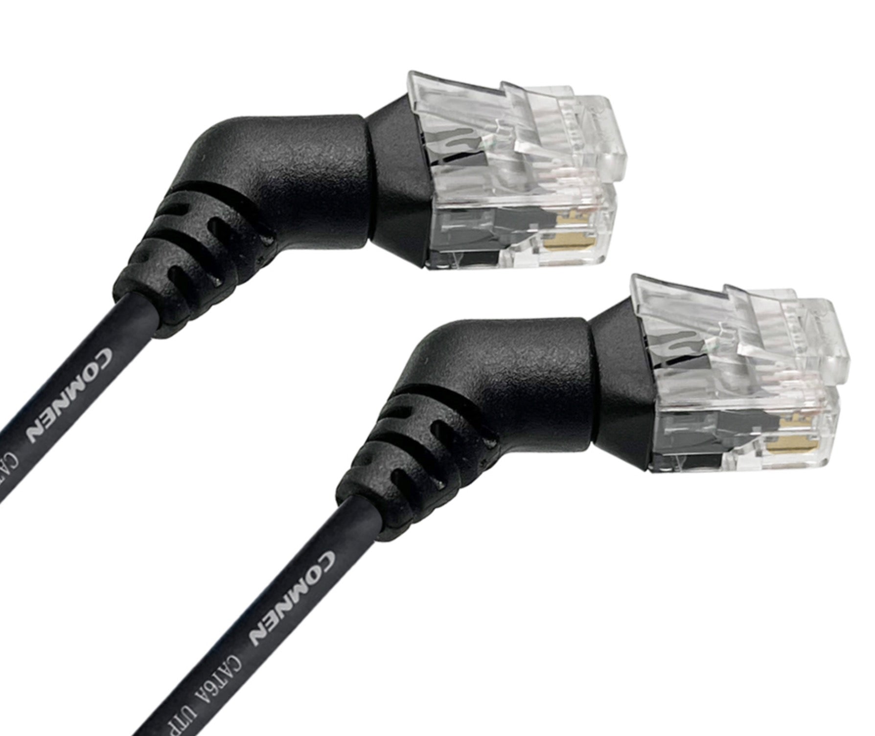 Detailed view of the rotating angled RJ45 Cat6 connector