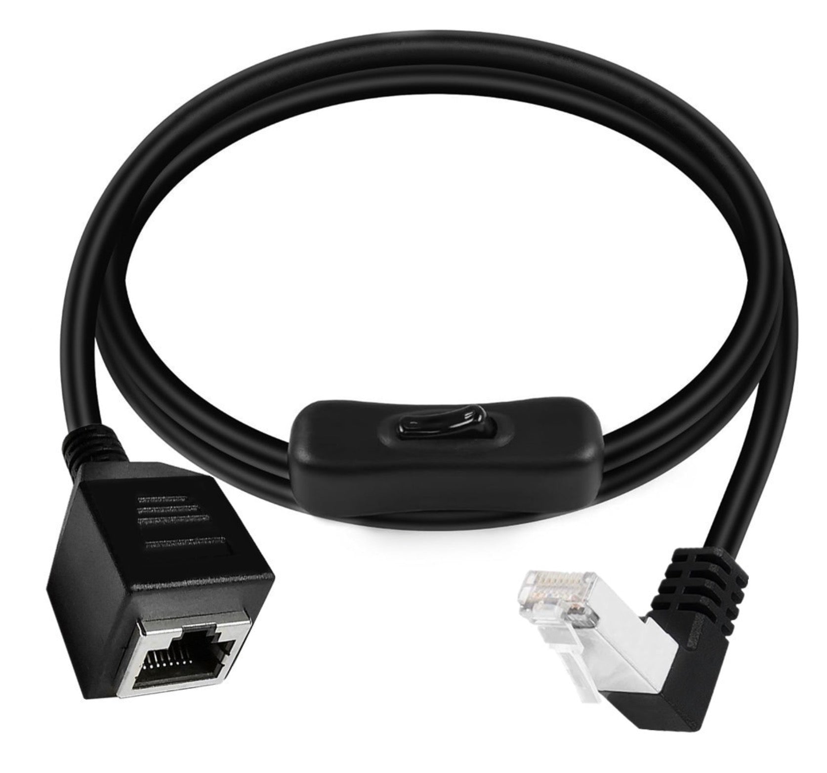 RJ45 male to female Ethernet extension cable with angled connector and switch