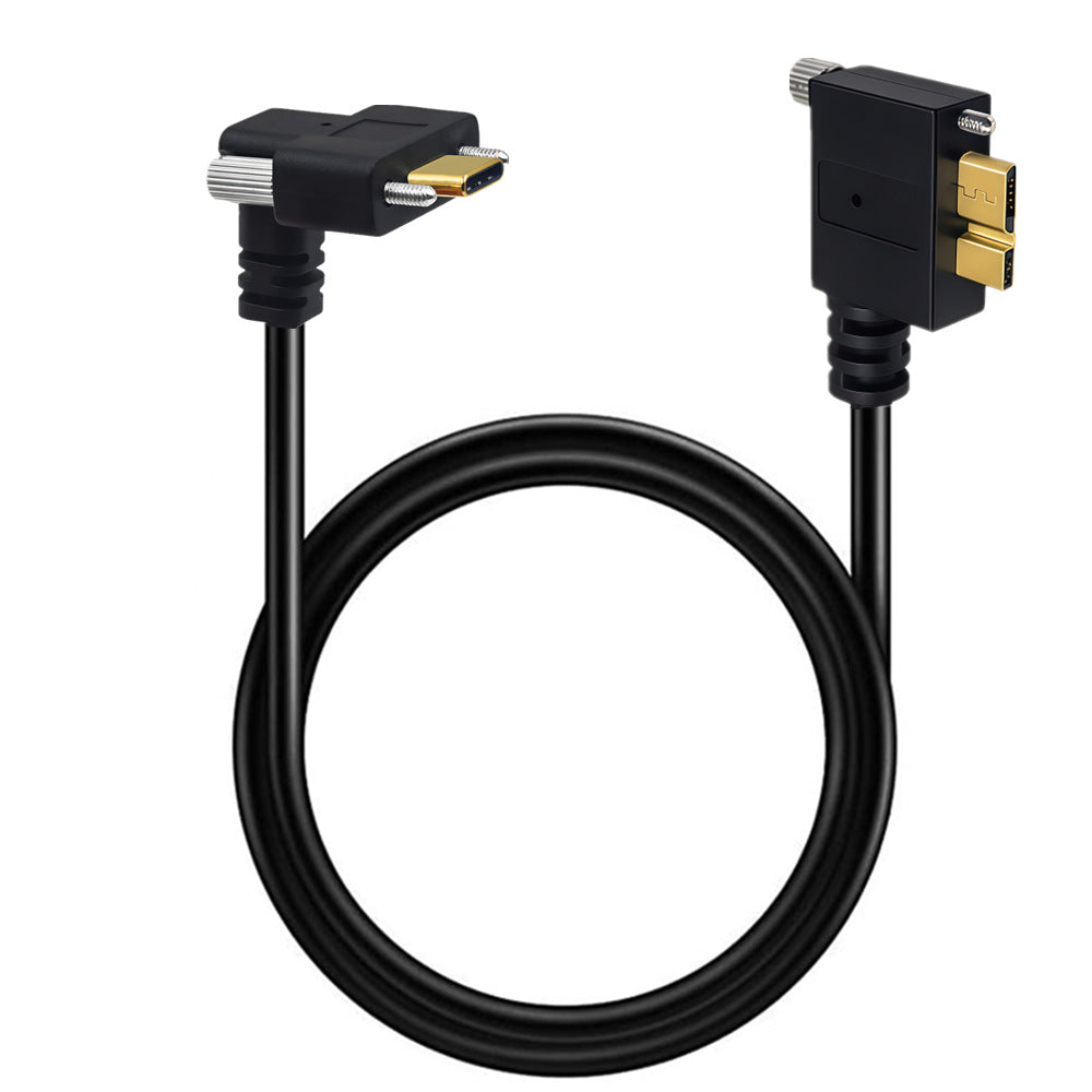 Angled USB-C to Micro USB 3.0 industrial camera cable with locking screws