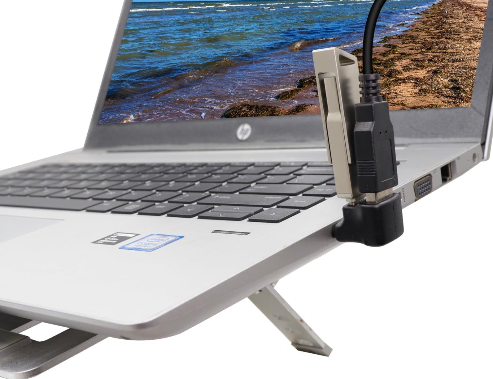 Angled USB C OTG adapter for improved cable routing and device access