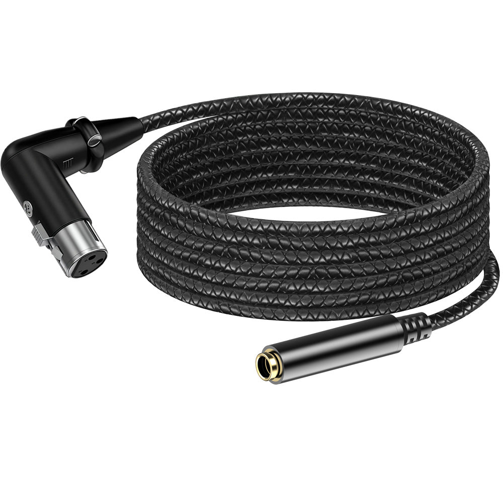 A coiled black braided audio cable with a right-angle XLR male connector on one end and a straight XLR female connector on the other, shown on a plain white background.