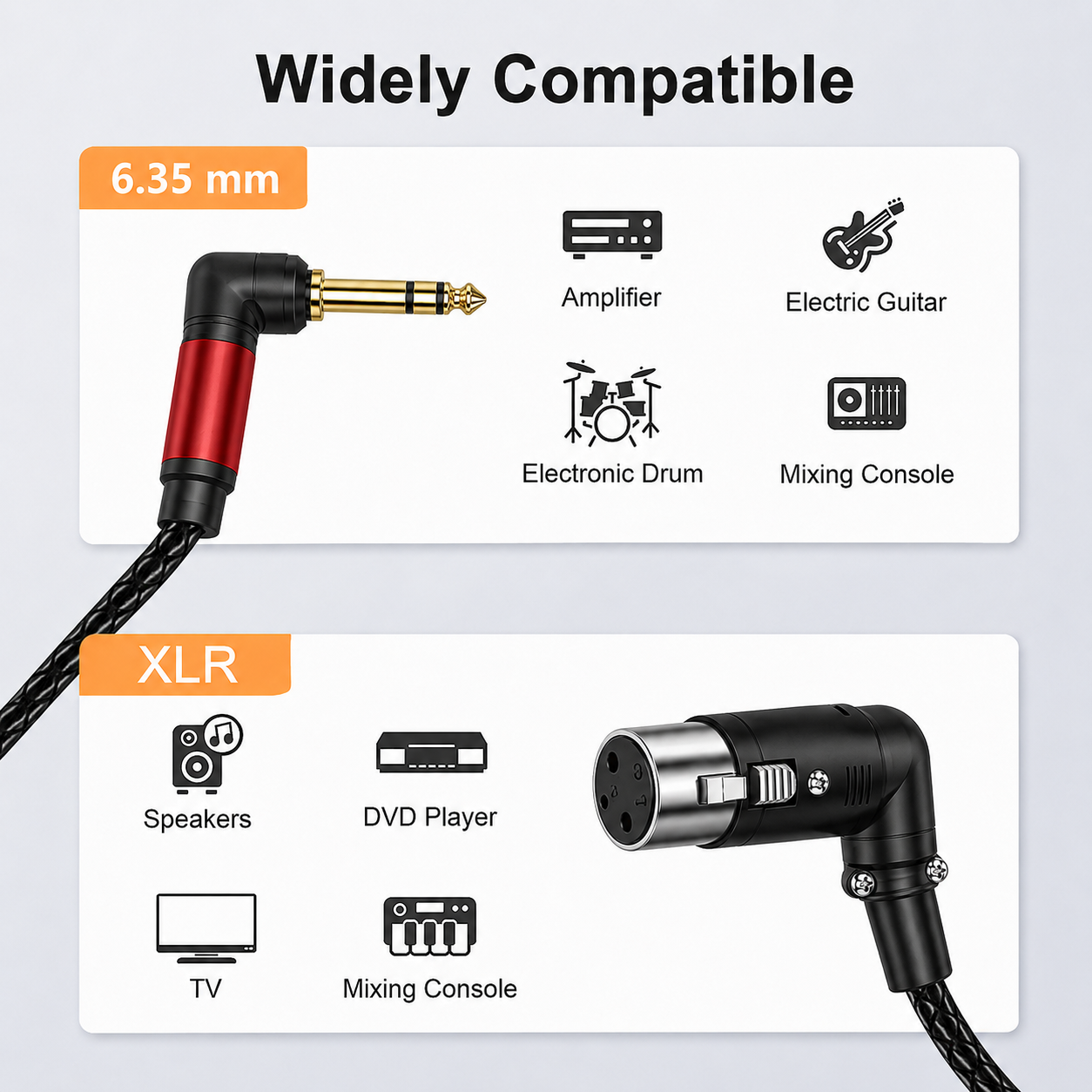 Compatibility graphic for a black and red 6.35 mm XLR audio cable, showing two angled plug views with icons for amplifiers, electric guitars, electronic drums, mixing consoles, speakers, DVD players, TVs, and a mixing console, under the heading 'Widely Compatible'.