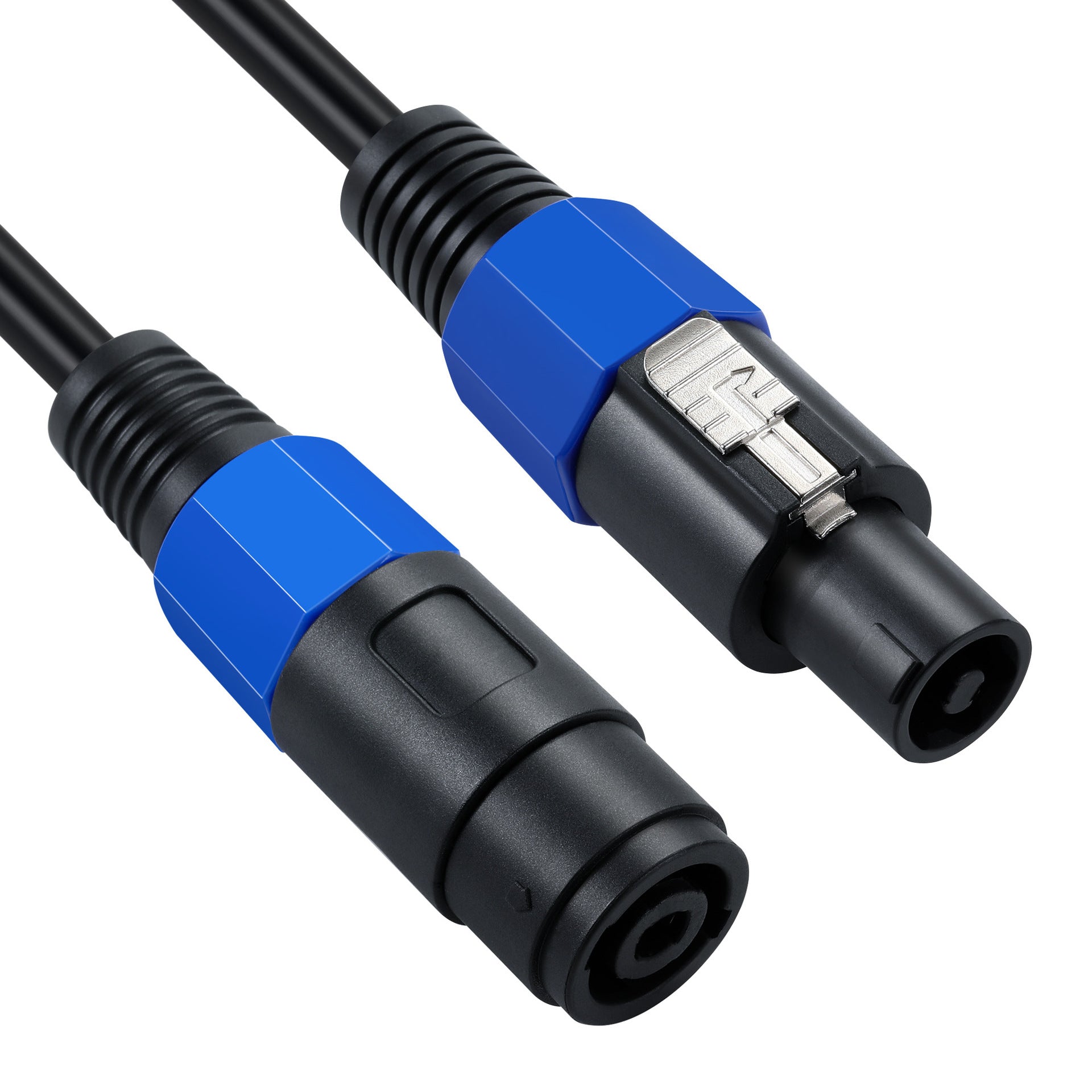 Black and blue speaker cable with locking connectors