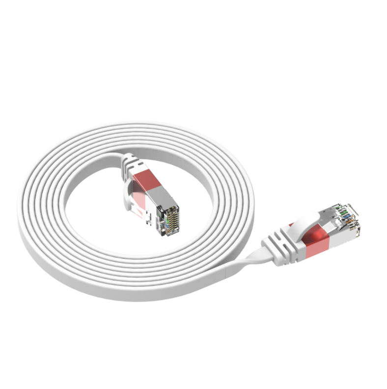 White Ethernet cable with red and gray connectors on a white background