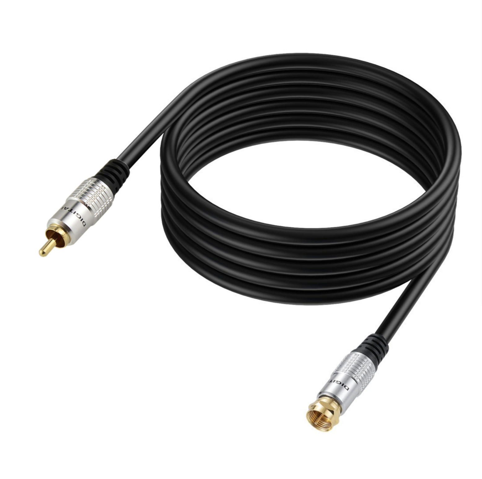 Coiled black audio cable with RCA connectors on a white background