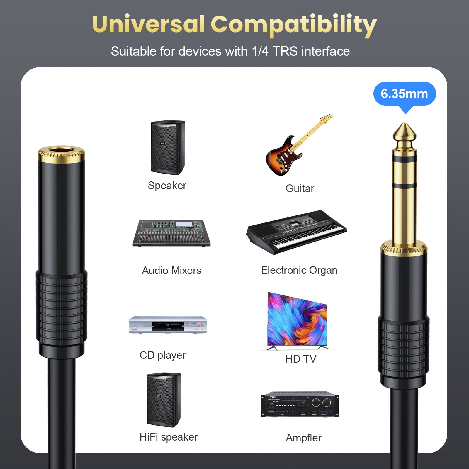 6.35mm TRS stereo extension cable with gold plated