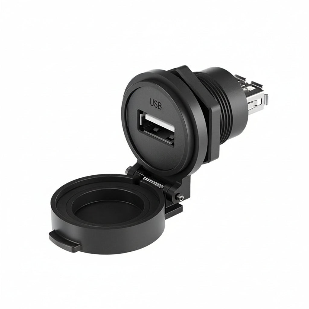 Black waterproof USB panel mount socket front view