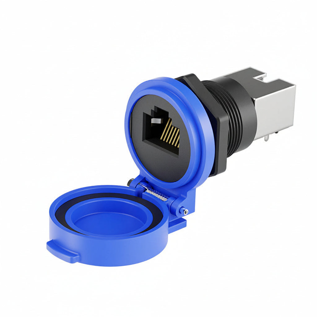 Blue waterproof RJ45 panel mount Ethernet connector
