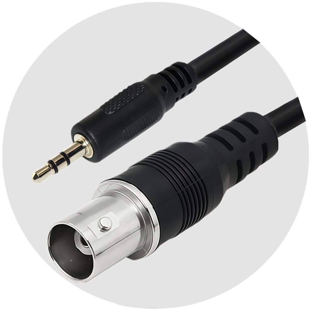 Black audio cable connector with 3.5mm plug on a white background