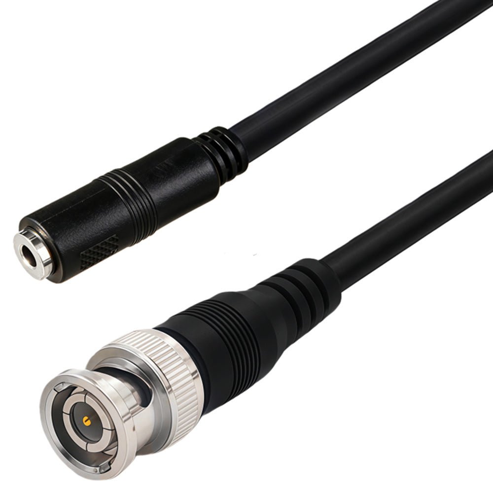 Black cable with BNC connectors on a white background