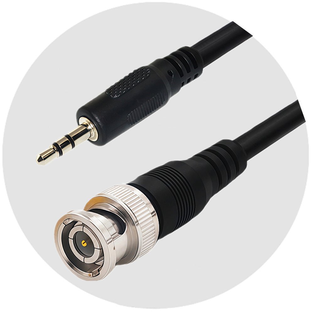 Black audio cable with 3.5mm plug and BNC connector on a white background