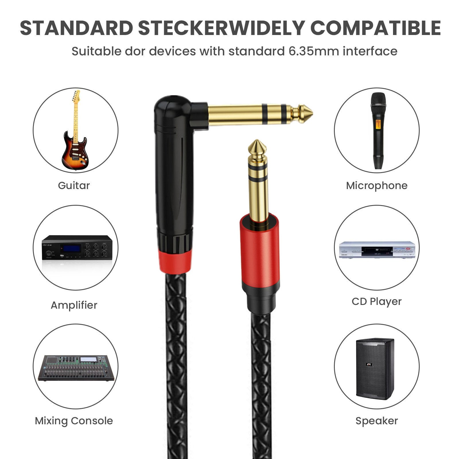 Audio cable with 6.35mm interface compatibility for various devices on a white background