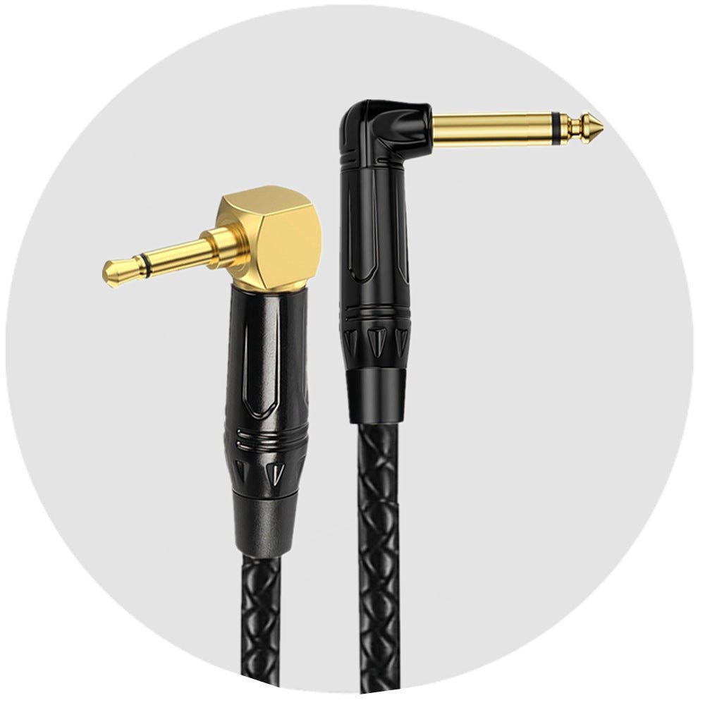 Two audio cables with gold and black connectors on a white background