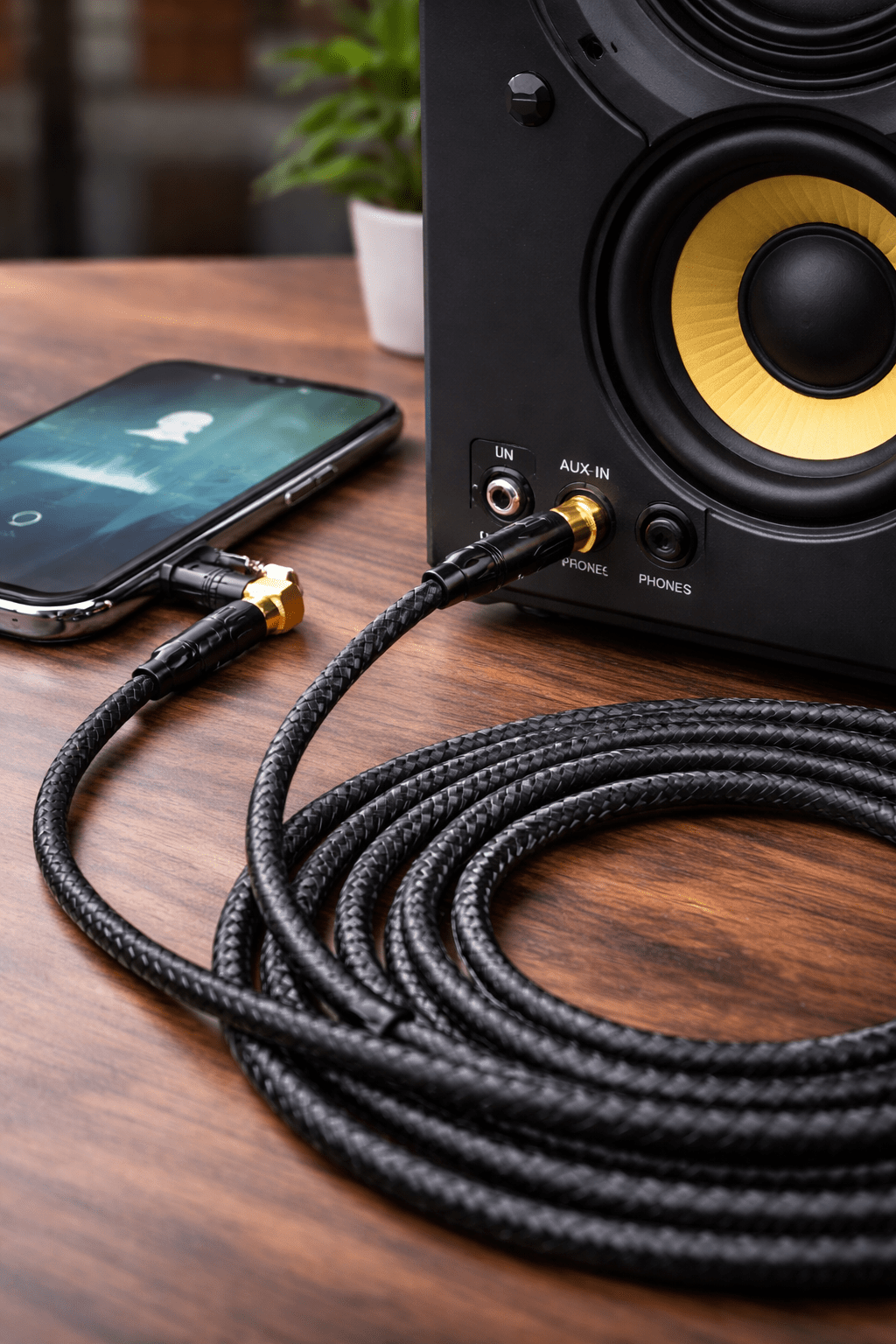 Black audio cable connected to a speaker and smartphone on a wooden surface