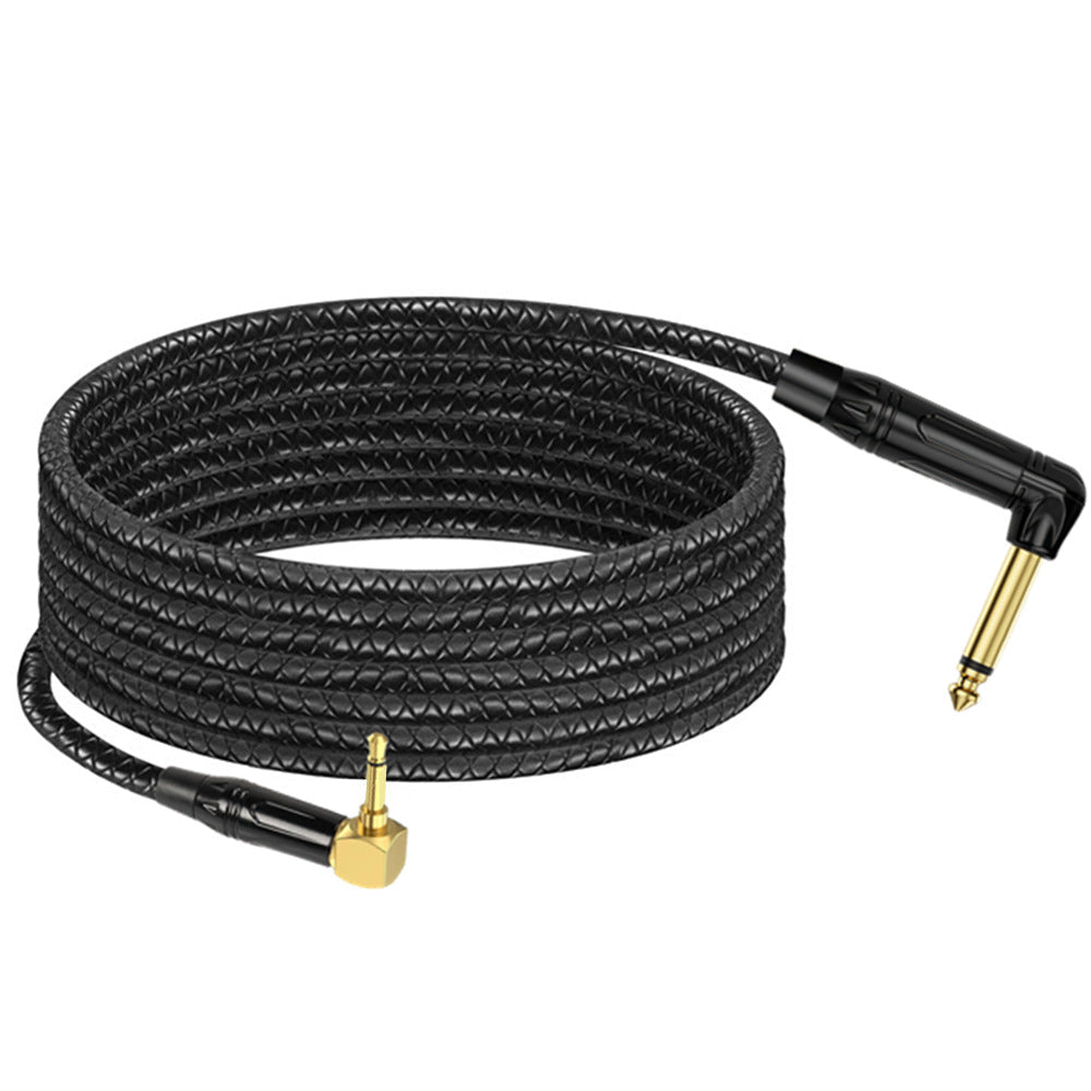 Black braided guitar cable with gold connectors on a white background