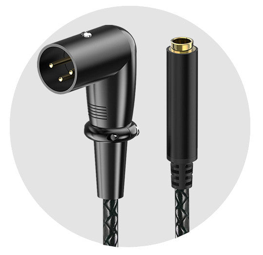 Black audio cable with a right-angle XLR connector on one end and a gold-plated 3.5mm jack on the other, shown against a light gray circular background.