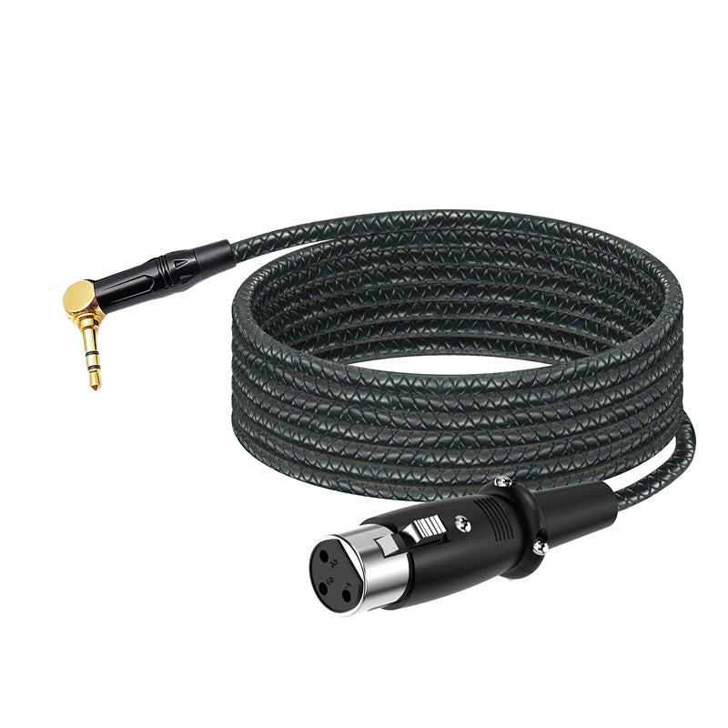 Black audio cable with XLR male and 1/4 inch TRS plug on a white background