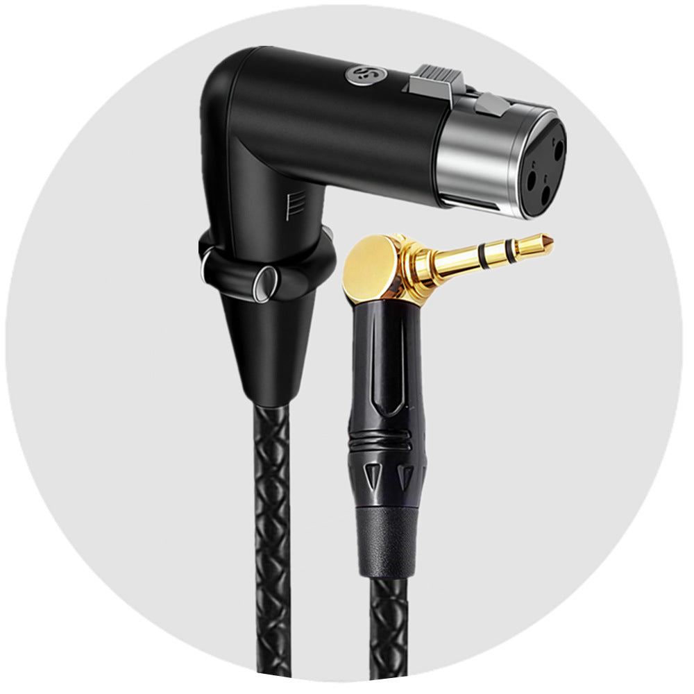 Black audio cable with gold 3.5mm plug on a white background
