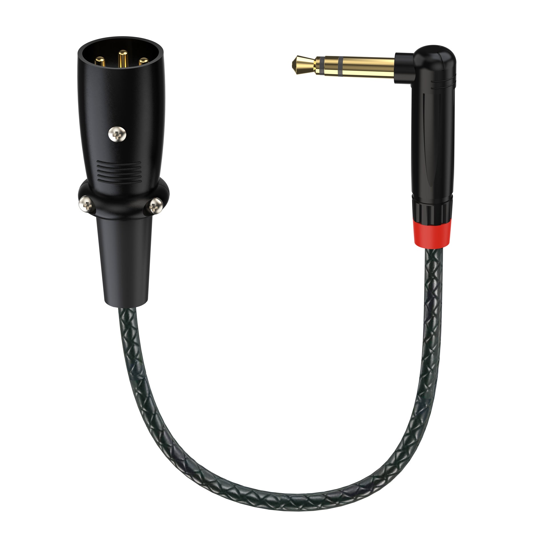 Braided XLR male to angled quarter-inch TRS professional audio cable