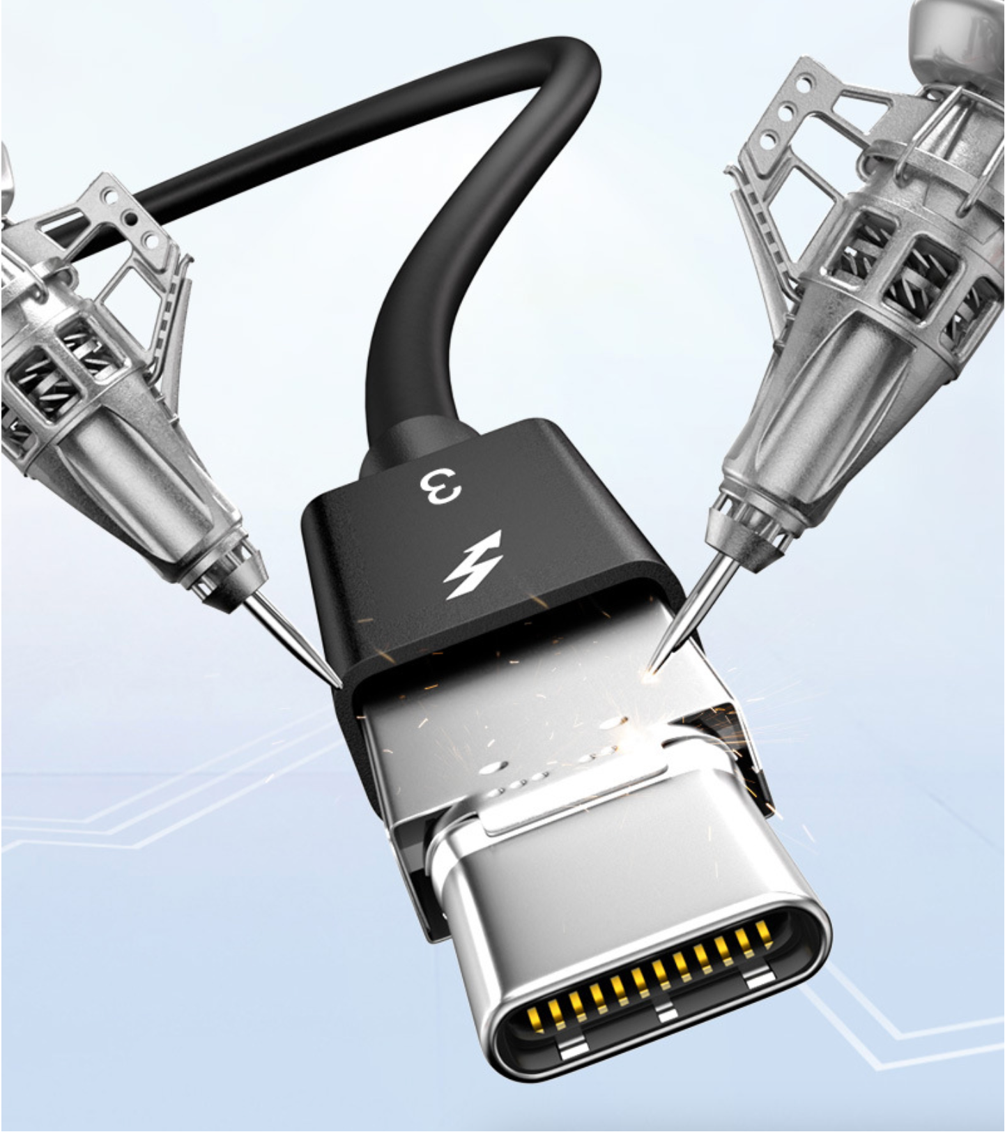 Multifunctional cable with microphone and USB connectors on a light blue background