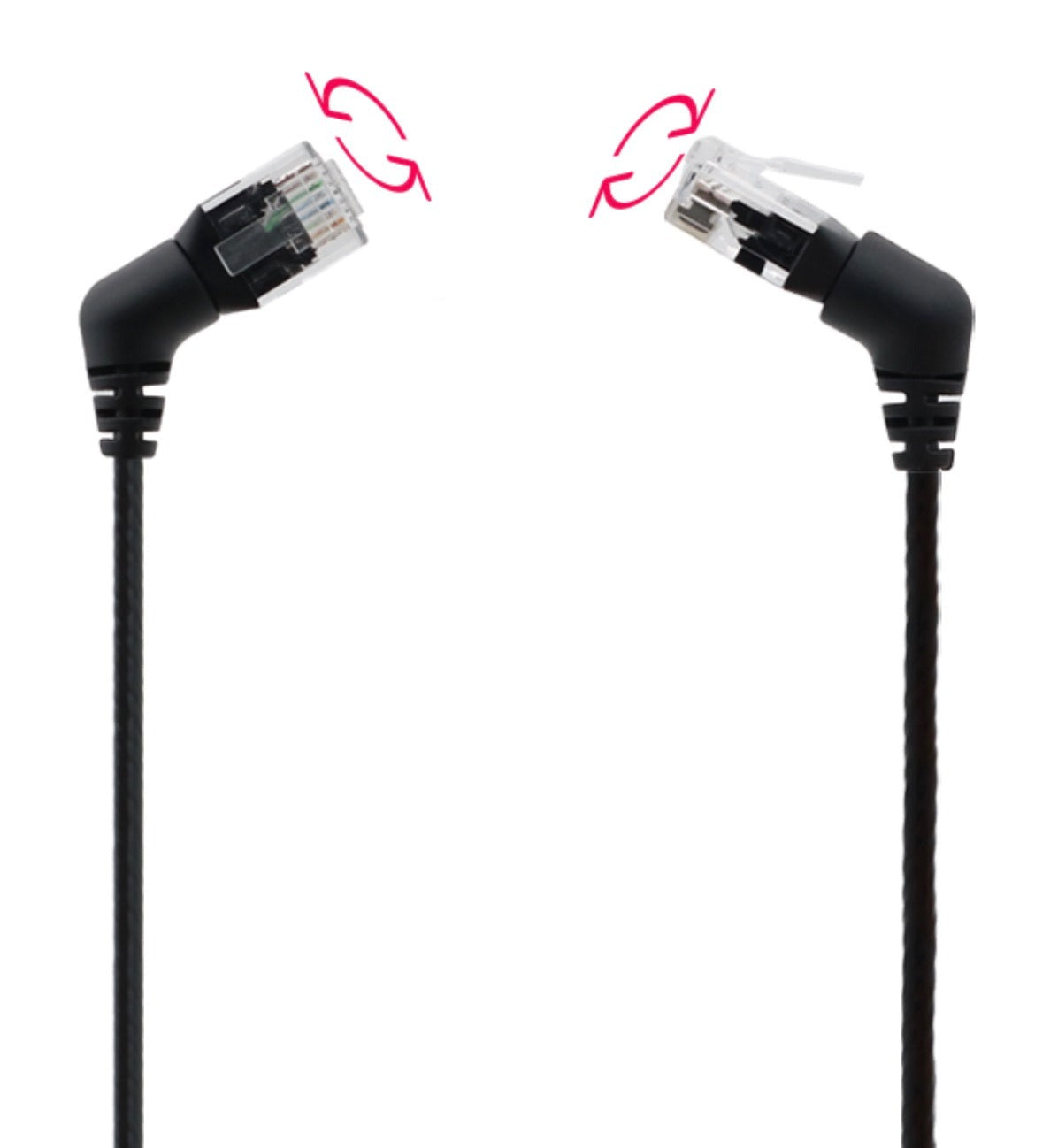 Rotatable Cat6 Ethernet patch cable connected to a network patch panel