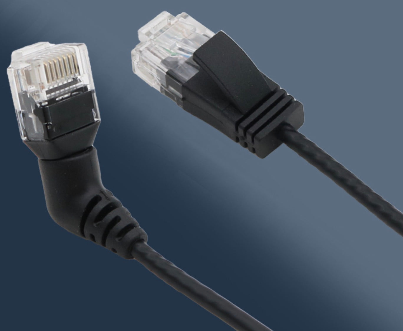 Detailed view of the slim Cat6 Ethernet cable and rotating RJ45 connector