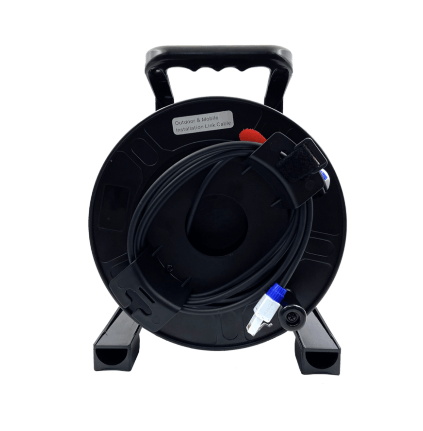 Heavy-duty Ethernet cable reel showing rugged frame and flexible armoured cable