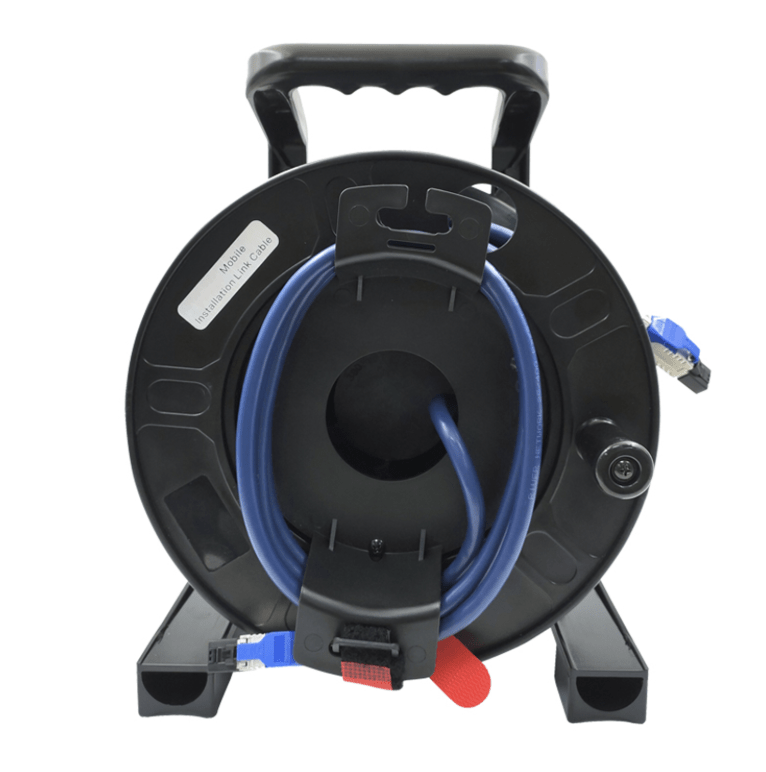 Black hose reel with blue hose on a white background