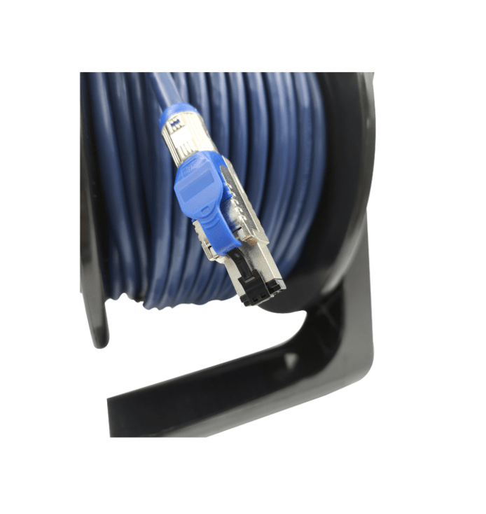 Coiled cable with a blue connector on a white background