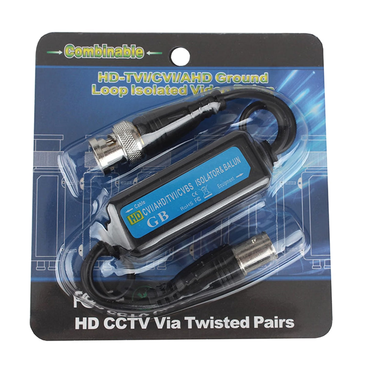 A ground loop isolated video cable kit in its retail blister packaging. The product consists of a black rectangular central unit with a blue label, connected to two black twisted-pair cables with silver BNC connectors.