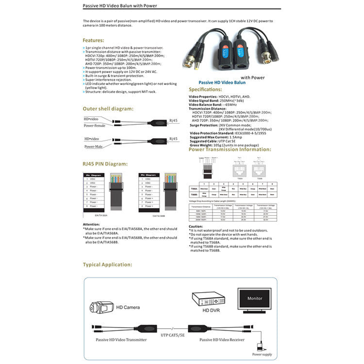 CCTV video and DC power balun for transmission over Cat5e or Cat6 twisted-pair 