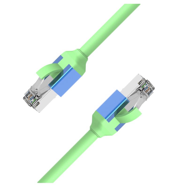 Green Ethernet cable with blue interior on a white background