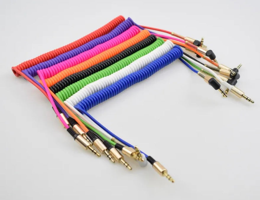 coiled AUX cable available in multiple colour