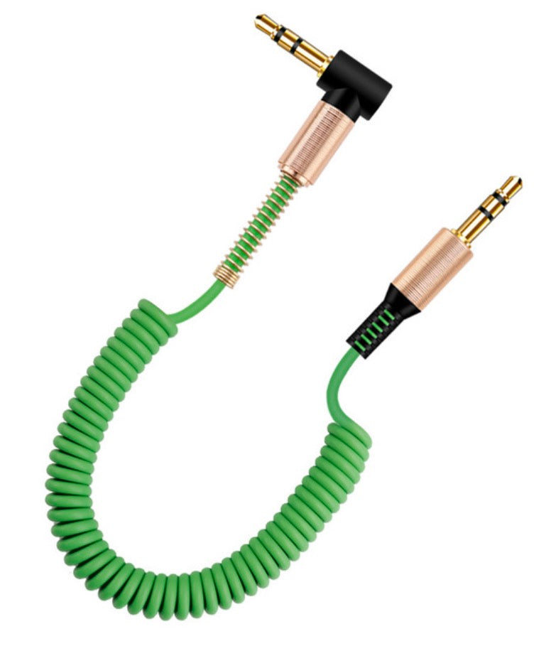 An orange coiled 3.5mm male to male audio cable with gold-plated connectors.