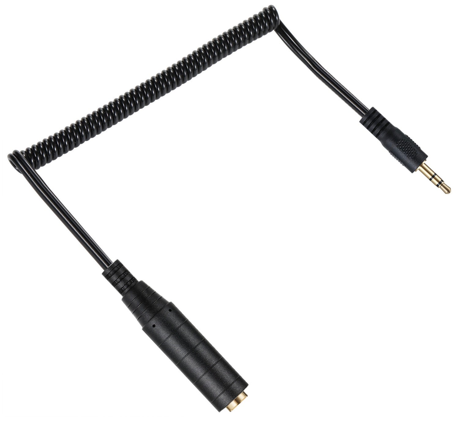 Coiled audio extension cable connector close up detail