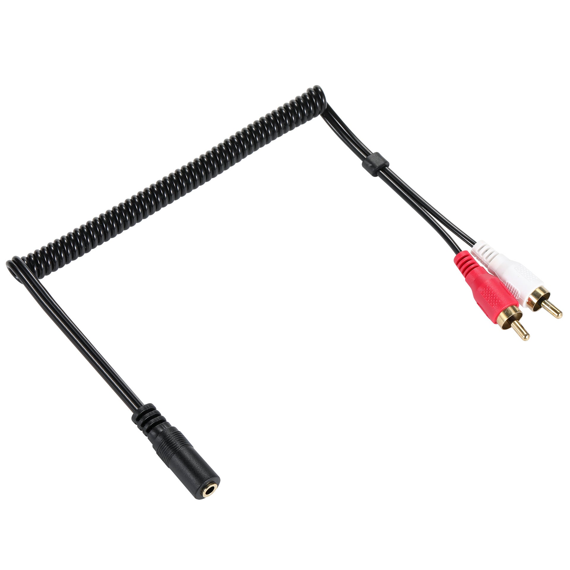 Overview of the coiled 3.5mm AUX to dual RCA splitter cable
