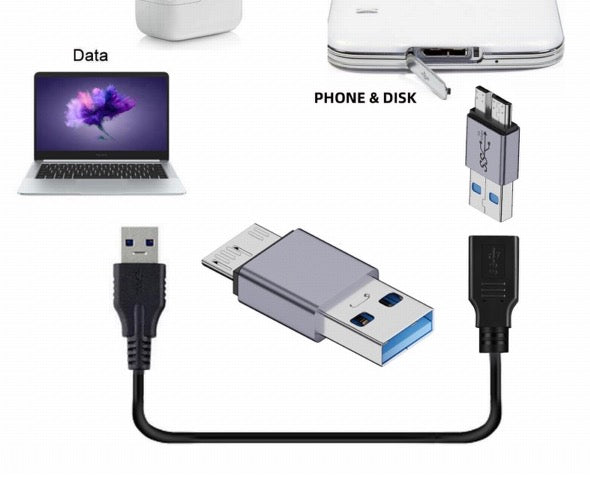 Compact USB 3.0 to Micro USB B adapter for charging and syncing